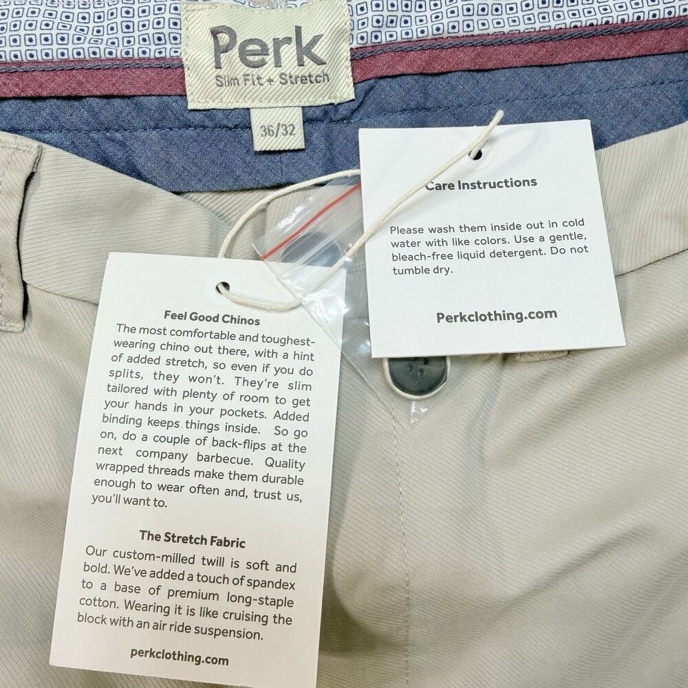 Perk Feel Good Chinos 36 X 32 Light Khaki Slim Fit Stretch Preppy Minimalist NWT - Picture 9 of 11